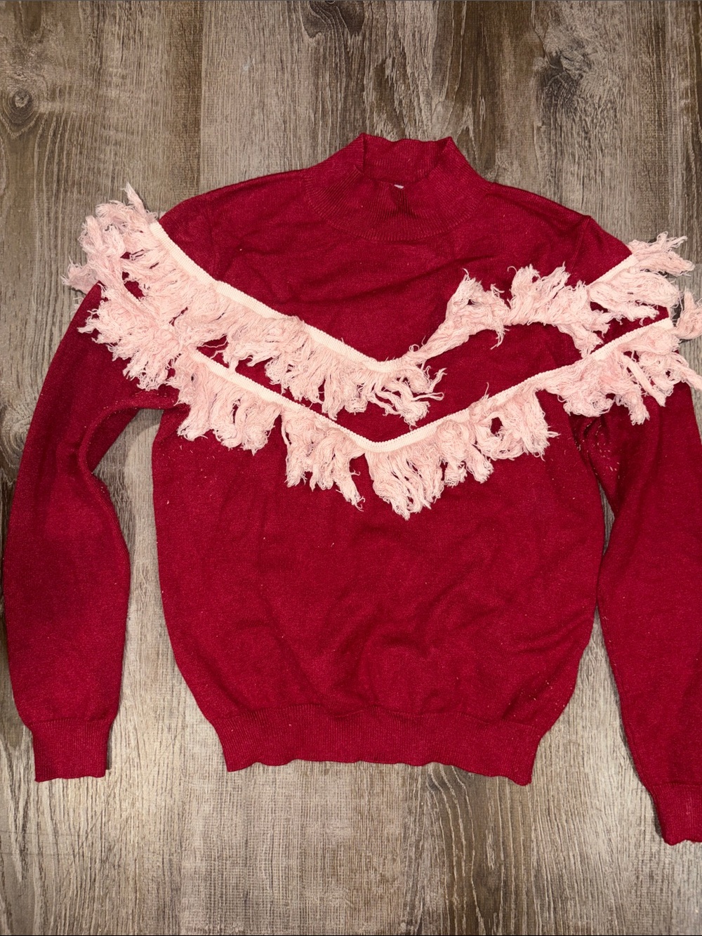 Blank NYC Red Mock Neck Sweater with Pink Fringe Trim